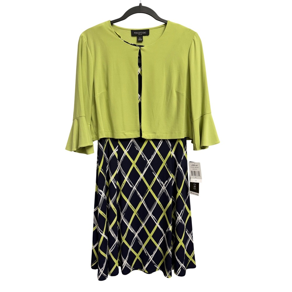 Perceptions Petite 2 Piece Dress Set Lime Navy Diamond Print Bell Sleeve PL